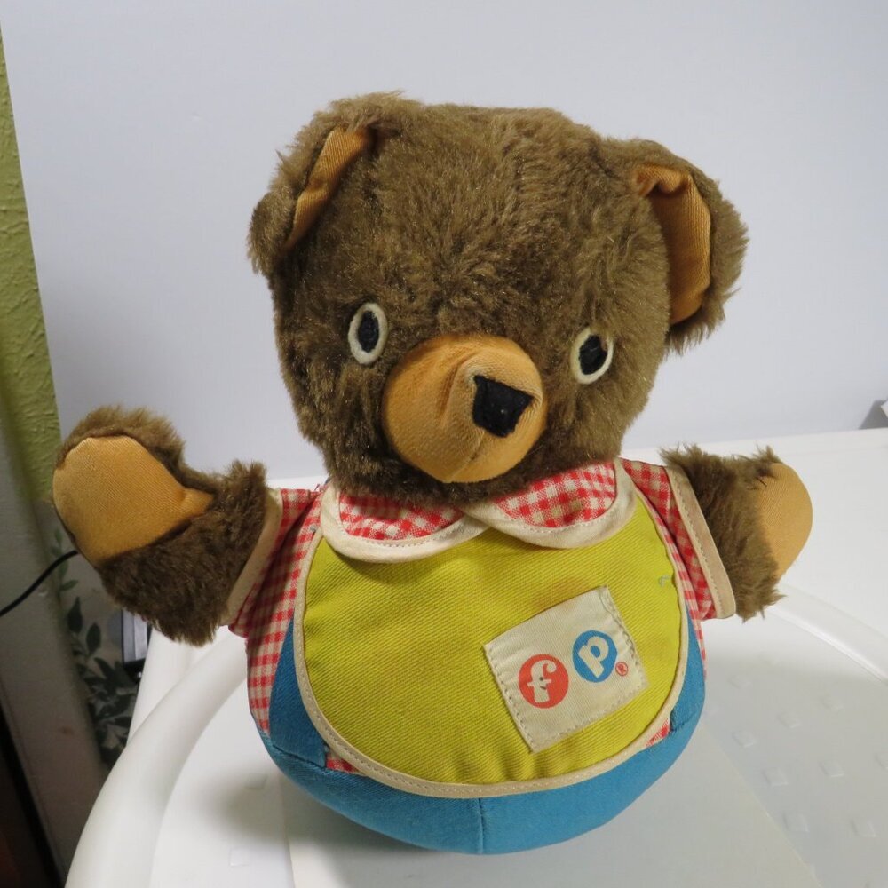 Fisher Price Roly Poly musical Chime Bear, 8" tall, 1970s Collectible Plush Toy